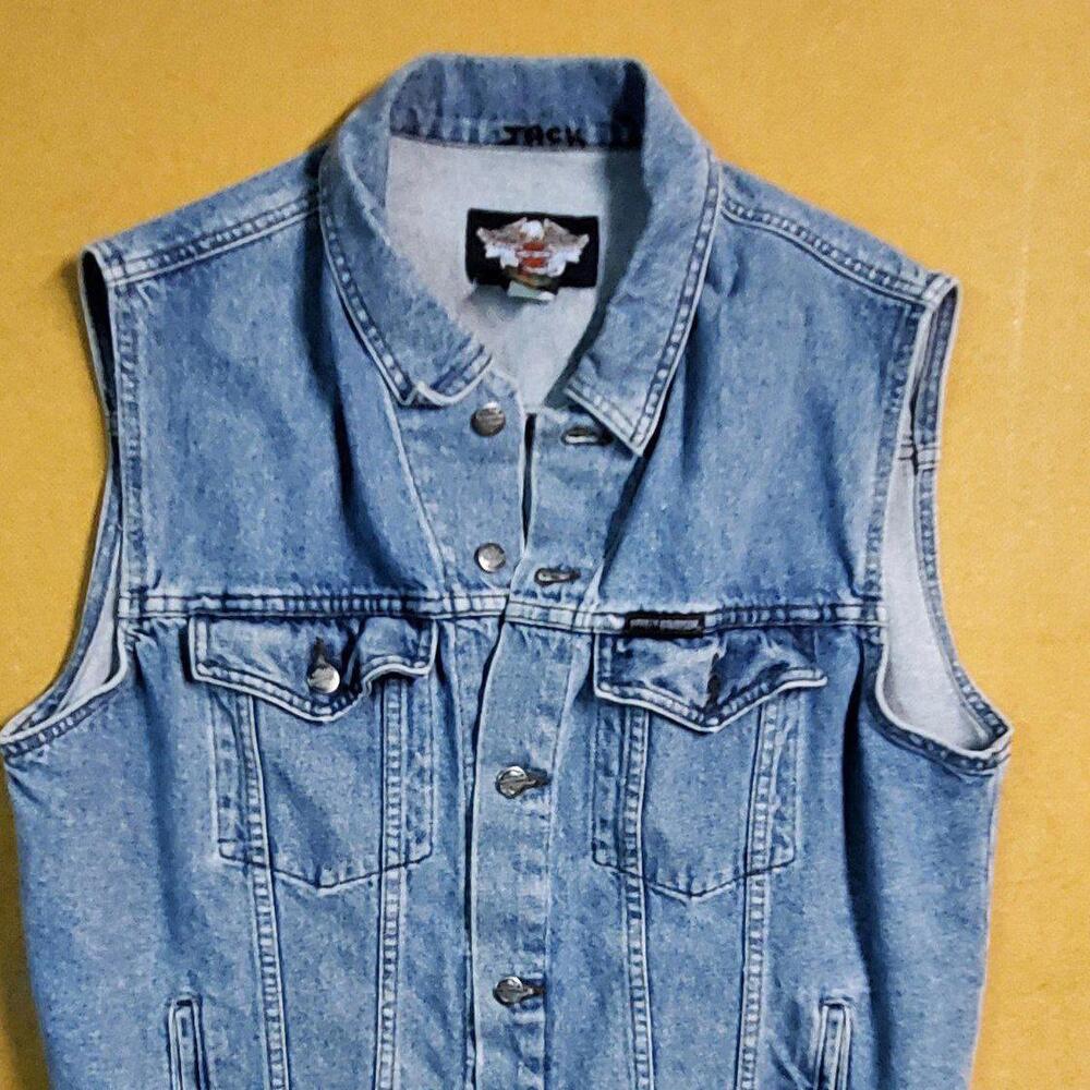 Vintage Harley Davidson Mens Blue Jean Denim Sleeveless Motorcycle Vest SZ L